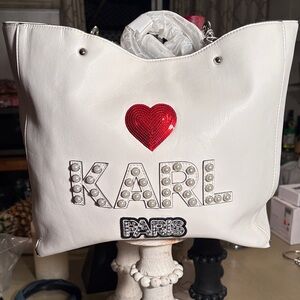 Karl Lagerfeld White Tote with Red Sequin Heart and Pearl 'KARL'